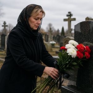 Траурный букет белых роз с чёрной лентой