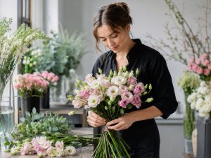 Эустомы — флорист собирает букет в студии, ручная сборка