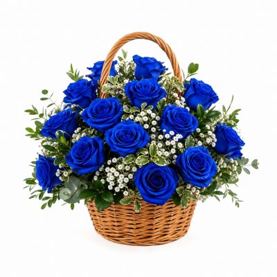 синие розы в корзине, доставка